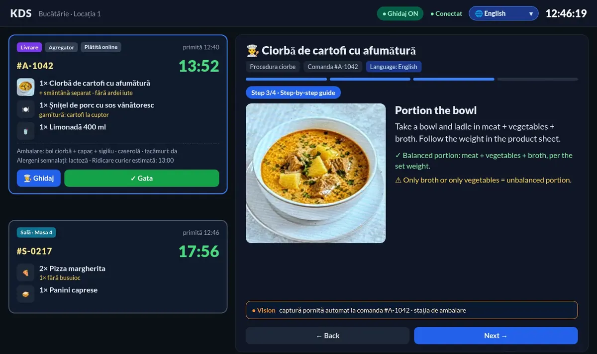 Sitequilt kitchen display with live orders on the left and a step-by-step guide for portioning a soup on the right.