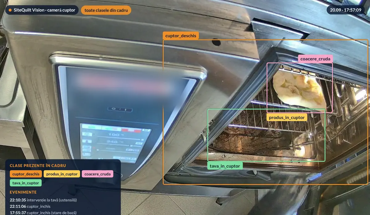 Sitequilt Vision on a kitchen oven camera, highlighting detected classes such as oven open, product in oven and tray in oven.